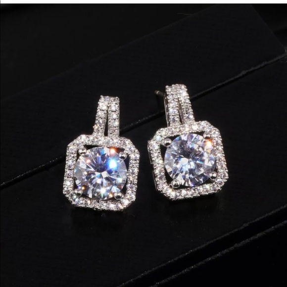 Sterling Silver Square Diamond Studs Earrings - Picture 3 of 6